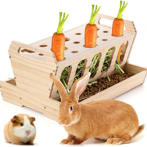 Rabbit Hay Feeder, Large Capacity Wooden Hay Feeder for Rabbits Guinea Pigs Chinchillas, Pet-self Feeding Hay Manager Alfalfa Timothy Dispenser Grass Holder Carrot Feeders for Bunny