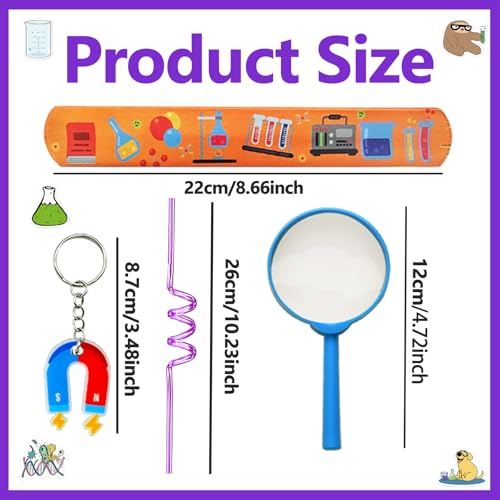 111PCS Science Party Favors, Lab Birthday Decorations and Goodie Bag Toys | 111PCS science party favors with magnifiers, gift bags, stickers, straws, bracelets, keychains and a magnet set. - style: Science