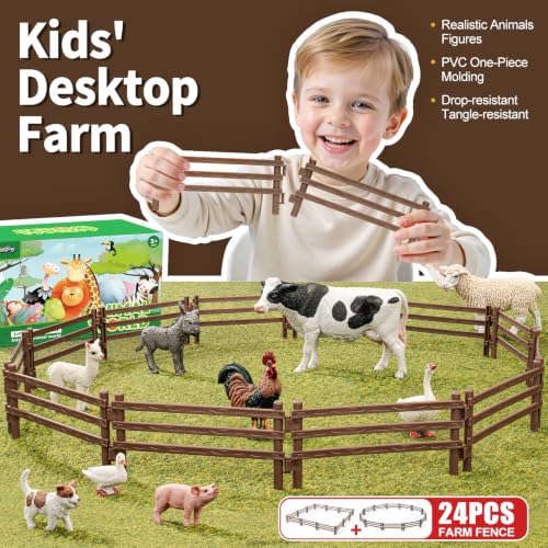 24PCS Farm Animal Corral Fence Toys for Kids Age 3-5 5-7 4-8 Years Olds Boys Girls, Educational Farm Animal Cake Toppers for Toddlers 3 4 5 6 7 8 9 10 - style: Brown 24PCS