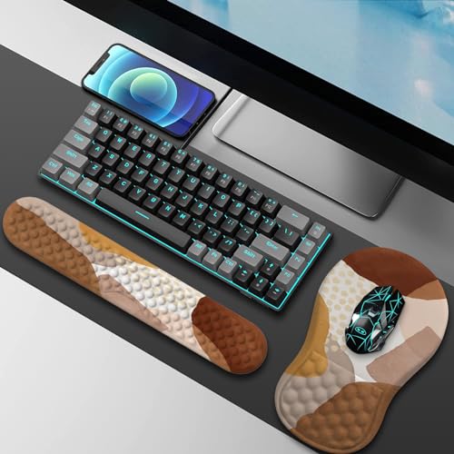 HAOCOO 3-Pcs Ergonomic Desk Pad Set with Wrist Support, Coffee Boho | Memory Foam Keyboard Pad, Smooth Computer Pad Surface, Textured Wrist Cushion, PU Anti-Slip Base, Matching Coaster Included - color: Boho Brown Coffee Tan