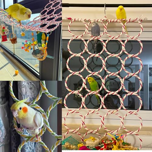 2 Pcs Bird Swing Climbing Rope Net Toys 14" x 24" Parakeet Hemp Rope Perch Swing Ladder Bridge Hanging Hammock Small Animal Activity Toy for Parrot Lovebirds Hamster Mice Rat Ferret (Random Color)