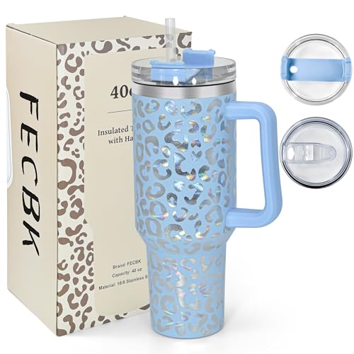 40 oz Tumbler with Handle and Straw, 100% Leak-Proof Travel Mug, Stainless Steel Double Wall Vacuum Insulated Coffee Cup Keeps Cold For 34 Hours, Dishwasher Safe, Hawkes Blue Leopard - color: Hawkes Blue Leopard