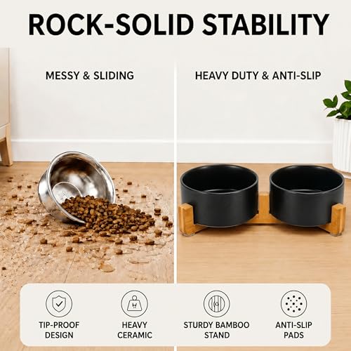 SPUNKYJUNKY Ceramic Dog and Cat Bowl Set with Wooden Stand, Modern Cute Weighted Food Water Set for Small Size Dogs (13.5OZ) & Medium Sized Dogs (28.7OZ) & Cats (3.6 Cups, 2 × Black) - color: Black × 2, size: 3.6 cups