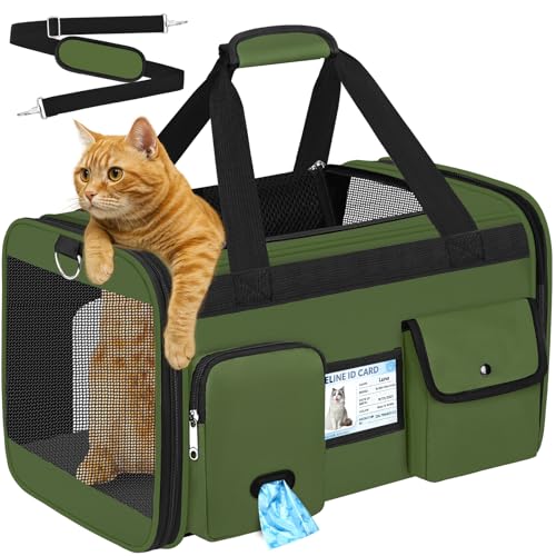 HUANLANG Large Cat Carrier Soft Sided Travel Pet Carrier Airline Approved | Dog Carriers for Small Dogs Medium Cats,Collapsible,3 Storage,zipper lock,Reflective strips,Luggage Strap, Up to 15 Lbs - color: Army Green