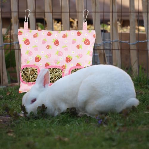 Lesnala 2 Pcs Canvas Hanging Bunny Hay Feeder Bags 3 Holes 2 Styles | Rabbit hay feeder Bag, Guinea Pig Hay Bag, Large Capacity Cotton Canvas Fabric, for Chinchillas Hamsters & Other Small Pets - color: Fruit pattern