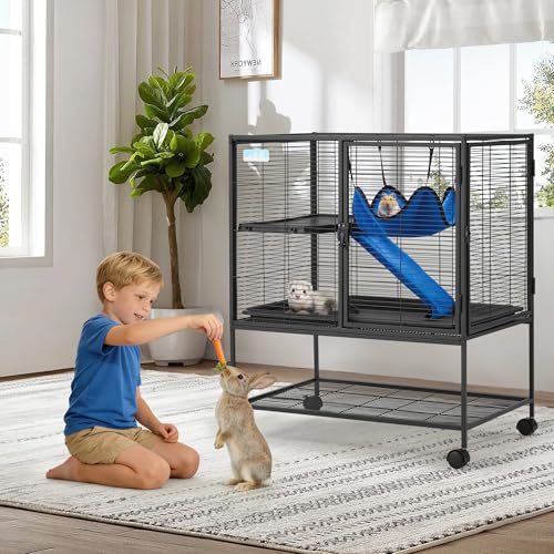 Fragess Large 36.5" Rolling Metal Cage, 2-Tier Small Animal Cage for Ferrets, Chinchillas, Rats, with 0.5'' Bar Spacing, Removable Ramp & Platform (Medium)