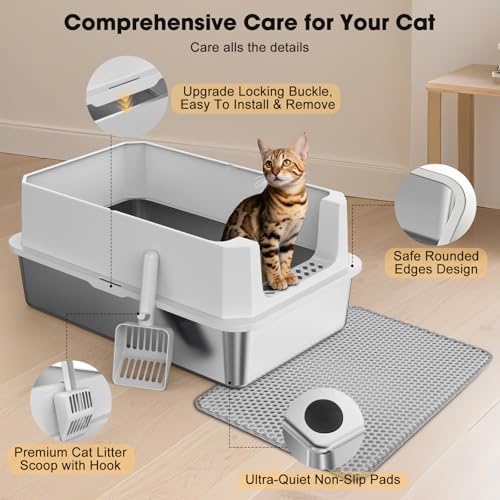 FURTIME Stainless Steel Cat Litter Box, Large Cats Metal Litter Box | High-Sided Open-Top Easy-Clean Litter Pan, Non-Stick, Anti-Leakage, Odor-Free, Comes with Scoop & Mat, 23"×15"×10.5" - color: Silver, size: Large