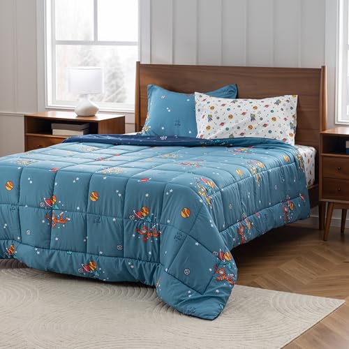 Berkshire LIG Printed Reversible Microfiber Comforter Set–5-Piece, Ultra Soft All-Season Bedding, Wrinkle & Fade Resistant, Twin, Space Explorer Smoky Blue - color: Space Explorer Smoky Blue, size: Twin