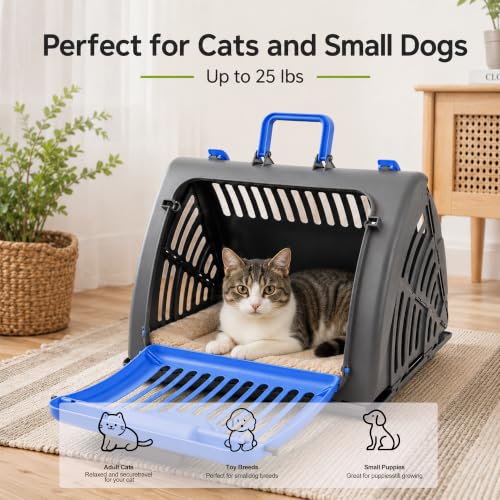 Foldable Portable Pet Carrier, Cat Carrier with Opening Door | Hard-Sided Travel Cat Carrier for Cats & Small Pets up to 25lbs, Blue - color: Blue