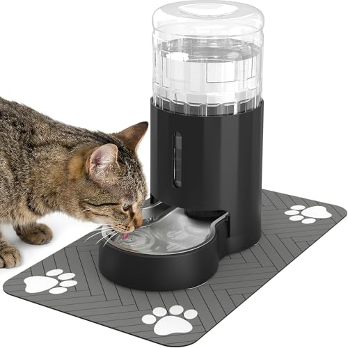 JUNSPOW Cat Water Dispenser with Placemat & Stainless Steel Bowl (4L Black) | Automatic Gravity Water Dispenser for Cats or Small Medium Size Dogs, Large Capacity, Easy to Clean - color: Black, size: 4L + Mat
