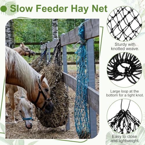 Slow Feeder Hay Net, 40" Length 2" Holes Strong Load-Bearing, Nylon Slow Feed Bag Hay Feeder, (Black, 2 Pcs), Intended for Horses/Goats/Trailer/Stall - color: Black