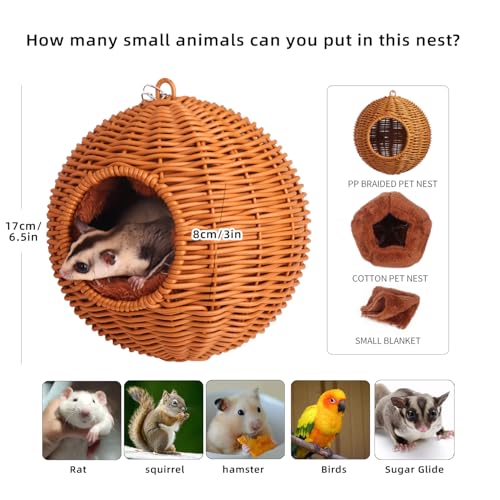 Small Animal Hammock, PP Rattan Hiding Place with Removable Cotton nest, Suitable for Hamsters, Guinea Pigs, Rats, Sugar Gliders, Squirrels, Parrots (Brown) - color: Brown