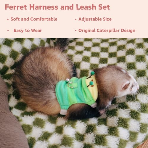 Ferret Harness and Leash Set - Small Animal Soft Fleece Vest with Safe Bell Halloween Outfit Adjustable Traction Rope Outdoor Walking Training Leash for Ferret Rat Bearded Dragon Kitten (Green) - color: Green