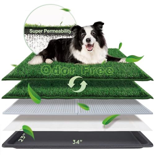 HQ4US Dog Grass Pad with Tray, Odor Free Grass Pee Pad for Dog Litter Box | Large Dog Potty Tray with Grate, Artificial Grass Fast Drainage, Hemmed Edge, Realistic, Fake Grass for Indoor Balcony - size: L - 34" x 23" for Dog＜ 28'' Length