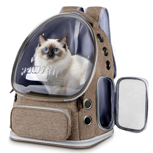 Cat Backpack Carrier Clear Bubble Window for Cats & Small Dogs up to 15 lb | Large Space Breathable Foldable Pet Carrier Airline Approved, Mesh Entry Safety Tether Washable Pad, Travel Hiking Outdoor - color: Brown