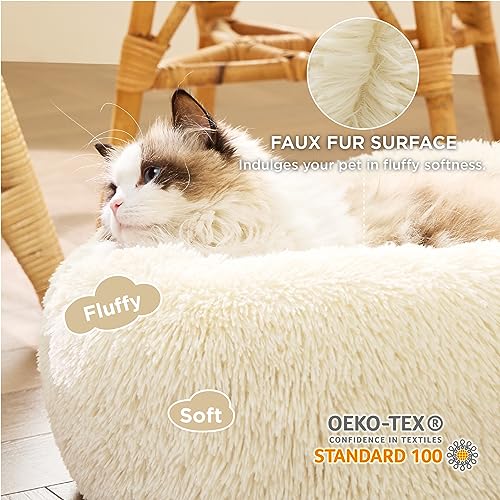 Bedsure Calming Cat Beds Donut Round Washable Kitten Bed,20 inches Cream | Fluffy Faux Fur Cuddler,Machine Washable,Anti-Slip Bottom,Anti-Anxiety,Deep Sleeping for Cats&Small Pets Up to 15 Lbs - color: Ivory Beige, size: 20"L x 20"W x 6"Th