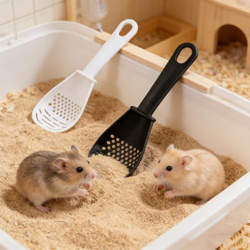 3 Piece Set Small Animal Litter Scoop Red White Black Plastic Mesh Scooper Hamster Cage Accessories Litter Sifter with Small Holes for Sand Bath