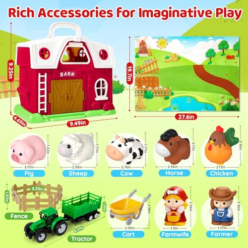 Farm Animal Toys for Toddlers 1-3, Big Barn Montessori Learning Playset | Animal Finger Puppets, Farm Mat and Tractor, Interactive Pretend Play, Christmas Birthday Gifts for 12-18 Months+