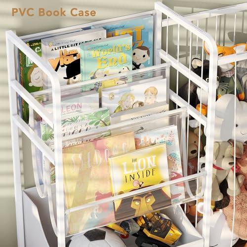 BBLIKE Kids Bookshelf and Stuffed Animal Storage - Multi-Function Nursery Book Shelves with Leather Toy Box and PVC Book Display, Toy Organizer for Playroom, Bedroom, Nursery, White - color: White