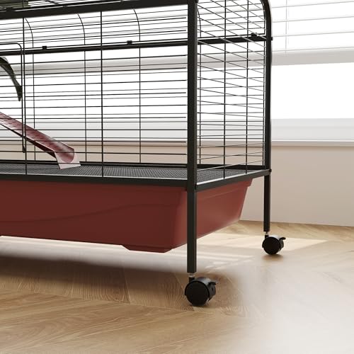 PawHut 48" L Small Animal Cage, Rabbit Hutch, or Ferret Pet Play House with Feeder, Rolling Wheels, Platform, Ramp | Ferret Pet Play House, Platform, Ramp - size: 48.0"L x 23.3"W x 28.8"H