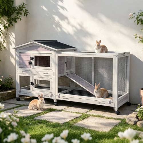 GUTINNEEN Large Rabbit Hutch Indoor with Chew-Proof Ramp, 62" L Wooden Rabbit Cage with 6 Casters, Bunny Cage with 2 Trays and 2 Story for Small to Medium Animals (Grey) - color: Grey
