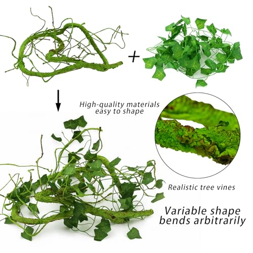 13 PCS Reptile Reptile Eco Bottle Decoration Set - vines, eco bottle plants, hanging greenery, leaf feeders, lizards, geckos, bearded dragons Landscape drawn hideout logs and habitat accessories