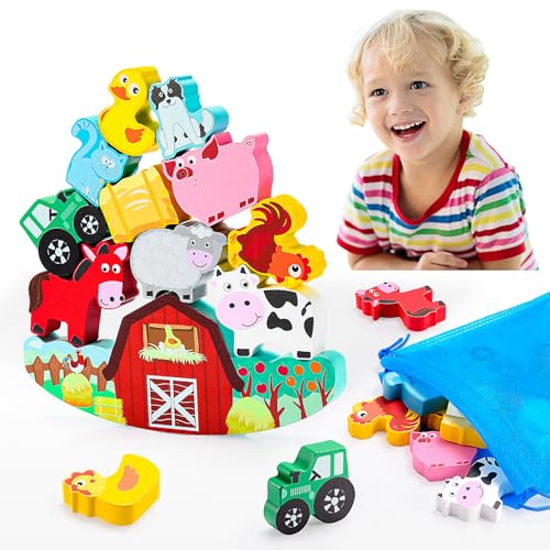 IPOURUP Montessori Toys for Kids 3-7 Wooden Farm Animal Blocks Stacking Games Educational Toy for 3 4 5 6 Year Old Girls Boys Christmas Birthday Gifts for Grandkids Toddler Balance Game Girls Age 3-5 - style: Animal Blocks
