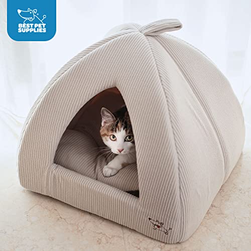 Best Pet Supplies Cat Bed for Indoor Cat, Domed Tent House with Removable Pillow, Covered Cat Cave for Small Dog, Puppies and All Breeds of Cats - Corduroy Beige, 16 x 16 x H:14" - color: Beige Corduroy, size: 16" x 16" x H:14"