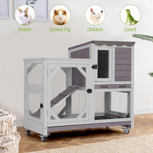 GUTINNEEN Rabbit Hutch Indoor Outdoor 2 Story Bunny House on Wheels Wood Rabbit Cage with 2 Pull Out Trays Guinea Pig Cage (Gray) - size: 39.3"L Rabbit Hutch Grey