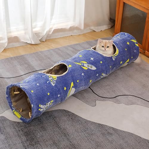 Glowing Astronaut Pattern Cat Tunnel - Collapsible with Plush Balls, Ideal for Indoor Cats, Rabbits, Kittens, Ferrets & Puppies (Blue) - color: BLUE