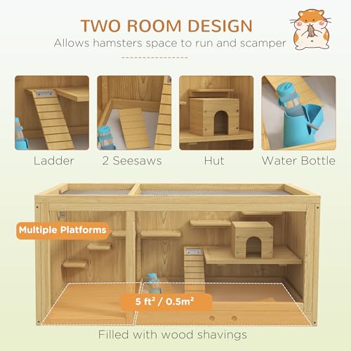 PawHut Wooden Hamster Cage, Extra Large Gerbil Cage, Multi-Layer Small Animal Cage for Dwarf Hamster, Activity Center with Pull-Out Tray, Seesaws, Water Bottle, Ladder, Openable Top | Gerbil Habitat, Multi-Layer Small Animal Cage, Activity Center, Seesaws