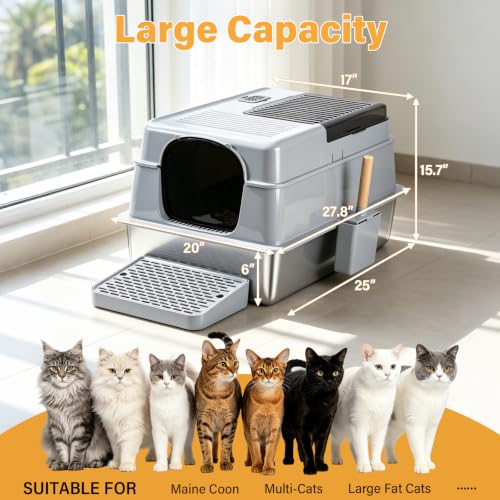 XXXL Stainless Steel Litter Box with Lid, Enclosed Metal Cat Litter Box | Extra Large Litter Boxes for Big Cat, Multiple Cats,Odor Control,Anti-Leakage, Includes Scoop & Pedal,27.75 x 19.75x 15.7 - size: XXX-Large-Enclosed