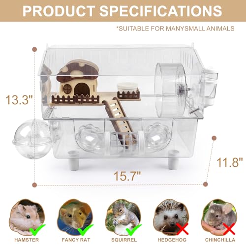 Loungewave Acrylic Hamster Cage, 8 in 1 Gerbil Cage with Accessories | Mushroom House Style Dwarf Hamster Cage with Full Transparent Viewing, Clear View Inside Easy to Clean, Excellent Ventilation - color: Transparent-1