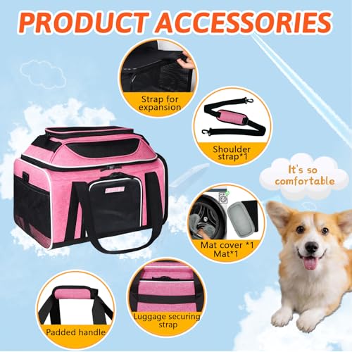 Top and Side Expandable Small Pet Carrier Airline Approved, Pink | 18"Lx11"Wx11"H, for Delta/United/American Airlines, Pets Under 10 Lbs, Lockable Zippers,Soft-Sided, Anti-Scratch Mesh - color: Pink, size: 18.0"L x 11.0"W x 11.0"H