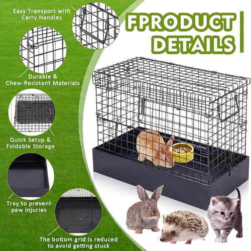 DoubleFill Folding One Hole Rabbit Transport Cage, Portable 18 x 10 x 14 in Black Rabbit Carrier with Tray and Handles for Travel Temporary Housing Indoor Outdoor Small Animal Enclosure - color: Black, size: 18.9"L x 14.2"W x 4.7"H