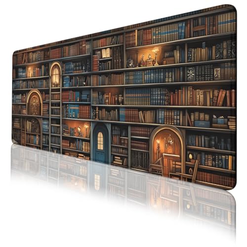Shelves Desk Pad Mouse Pad Retro Old Bookshelf Bookcase Library Large Gaming Mouse Mat with Stitched Edges,Non-Slip Waterproof Rubber Base Mous Mat Office Computer Keyboard Laptop Home 31.5"x11.8" - color: Shelves, size: 31.5L x 11.8W inches