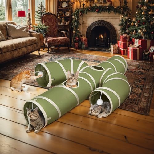 Ownpets Cactus Cat Tunnel 10" with Peek Holes for Indoor Large Cat, Green | Durable Oxford fabric, noise-free, foldable & connectable, multi-cat friendly, tube for cats up to 20lb, includes ball & wand - size: 10 Inches in Diameter