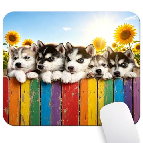 Playful Husky Puppies Mouse Pad, Sunflowers Joyful Summer Scene Desk Mat | 9.5"x 7.9", Adorable Dogs Pets Design, Cute Smooth & Anti-Slip Mousepad - color: Colorful Design Wknoon-Art 02
