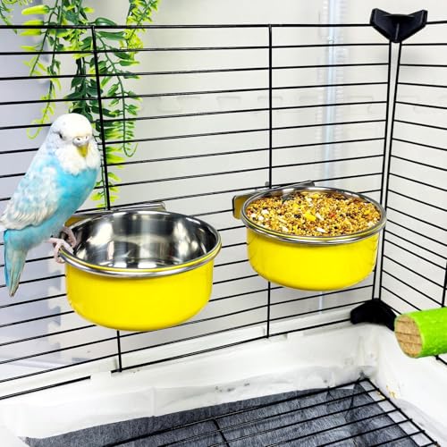 2 Pcs Parrot Feeding Dish Cups,Stainless Steel Bird Food Water Bowls | Parrot Cage Feeder with Clamp Holder Small Bird Feeding Cup for Parakeet Cockatiels Conure Budgies Chinchilla Small Animal - size: 2pcs Yellow
