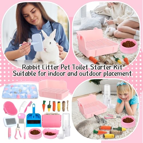 20 Pcs Rabbit Starter Kit Small Bunny Litter Box Animal Grooming Kit with Hanging Pet Bowls Water Bottle Bunny Toys Flannel Blankets with Cleaning Set for Guinea Pig Rabbit Accessories(Pink) - color: Pink
