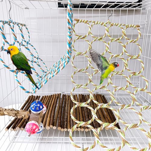 2 Pcs Bird Swing Climbing Rope Net Toys 14" x 24" Parakeet Hemp Rope Perch Swing Ladder Bridge Hanging Hammock Small Animal Activity Toy for Parrot Lovebirds Hamster Mice Rat Ferret (Random Color)