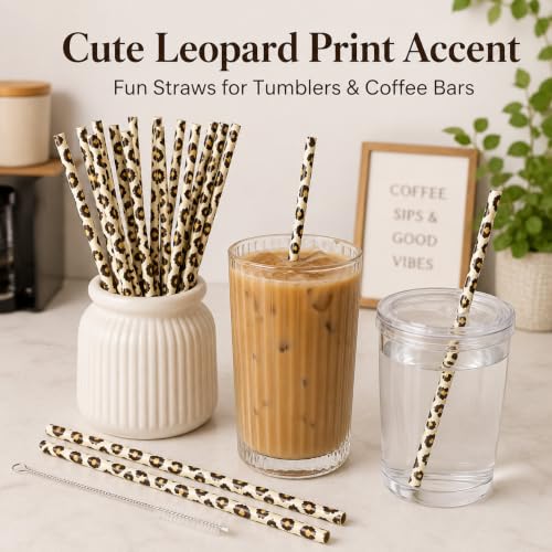 10 Pcs Reusable Brown Leopard Straws Long Straws with Cleaning Brushes | Plastic Cheetah Animal Straws Brown Leopard Print Drinking Straws for Tumblers Cups Safari Wild Favors Birthday Party Supply - color: Yellow