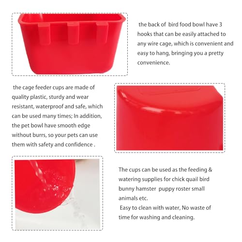 Pack of 10 Cage Cups Birds Feeders Seed Bowl Chicken Feeding Watering Dish Rabbit Water Food Hanging Wire Cages Box 8 oz Coop Cups for Pet Parrot Parakeet Game Fowl Poultry Pigeon - color: Red Square 10 packs 16oz