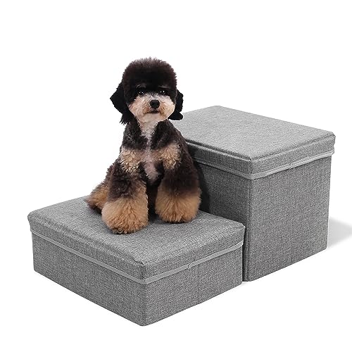 Linen Foldable Dog Stairs with Storage | 2-Step Pet Steps for High Beds & Couch, Non-Slip Dog Ladder for Small & Medium Dogs and Cats, Light Grey - color: Light Gray Linen