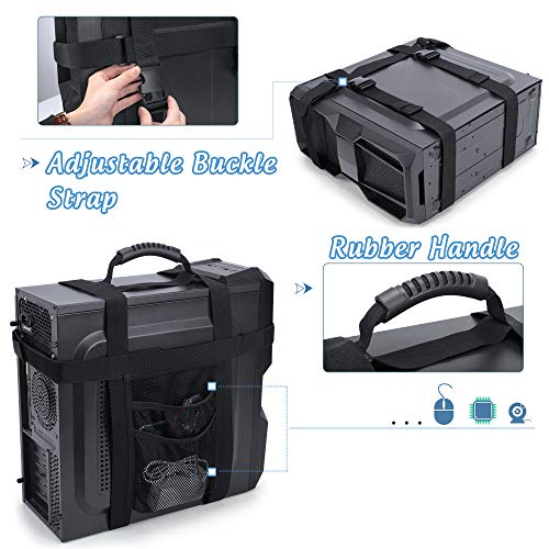 Trunab PC Tower Strap with Rubber Handle Desktop Carrying Case Belt | Computer Travel Holder with Pockets for Cable, Mouse, Ideal for Transporting On The Go - Patented Design