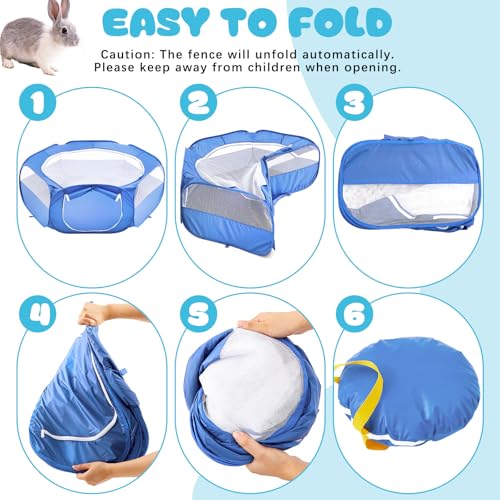 Small Animal Playpen & Grooming Kit, Portable Foldable Pet Playpen with Mesh Top for Rabbits, Guinea Pigs, Hamsters, Hedgehogs, Includes Feeding Bowls, Grooming Tools, and Bedding Mat, Blue