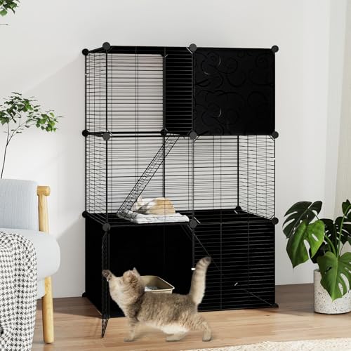 PETSITE Cat Cages Indoor, 3-Tier DIY Cat Enclosure with 2 Ladders, Detachable Metal Wire Kennel Catio with 3 Lockable Doors, Ideal for 1-3 Cats or Other Small Animals, 29 x 18.5 x 43 in