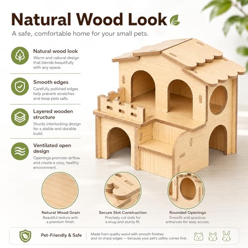 Wooden Hamster House, 2-Story Hideout with Steps and Balcony | Two-level wooden hideout and maze with rooms, steps and balcony for Syrian and dwarf hamsters, gerbils and mice