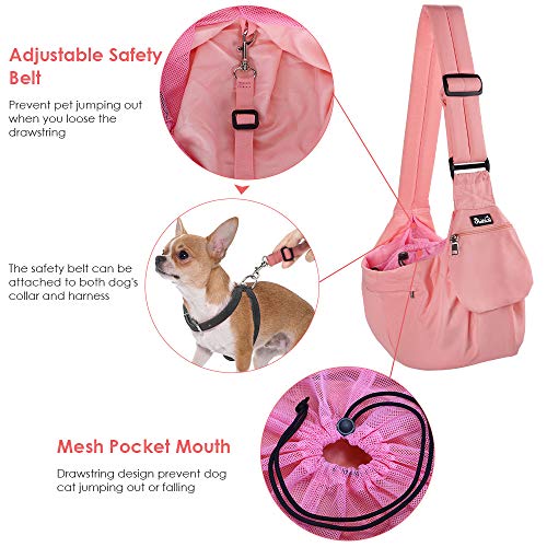 Lukovee Pet Sling, Small Pet Carrier, Hard Bottom Support & Safety Hook | Adjustable Drawstring Opening, Comfortable Padded Shoulder Strap, Zipper Pocket, Dog Slings Purse for Small Dog Cat (Pink) - color: A-Pink