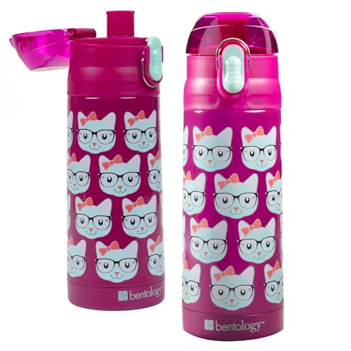 Bentology Stainless Steel 13 Oz Reusable Water Bottle for Kids, Kitty Cat | Double Wall Insulated, Spill Proof Lid W/Built-in Straw- Keep Liquids Hot or Cold- Easily Fits in Lunch Boxes & Bags - color: Kitty Cat